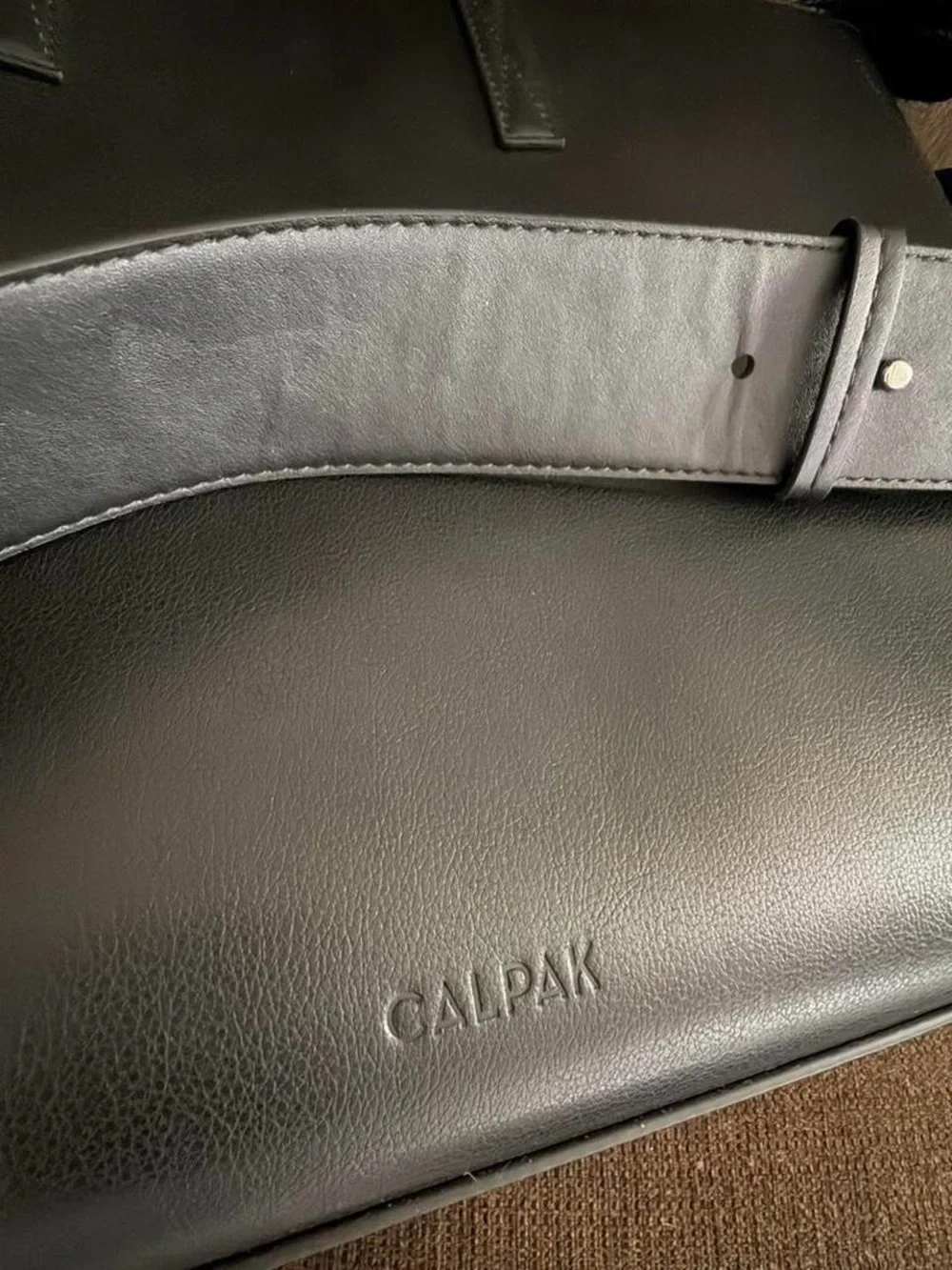 Calpak Black Leather Laptop Tote with Wide Shoulder Strap